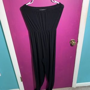 Black Strapless Romper With Flared Legs